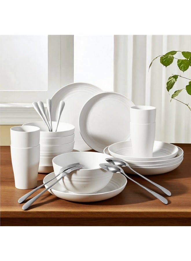 24 Pcs Dinnerware Set- Dinner Plates Set- Picnic & Camping- Unbreakable & Reusable- Includes 4 x 9in, 4 x 8in Plates, 4 x 6in Bowls, 4 Cups, 4 Stainless Steel Forks and Spoons- Kitchen, Dorm, Office - Image 1